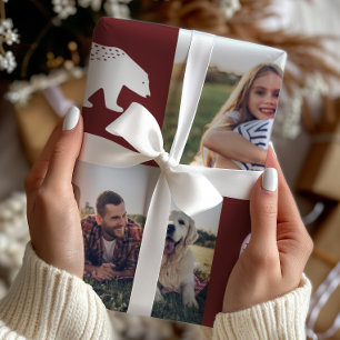 Rustic Burgundy Bears Photo Collage Christmas Wrapping Paper
