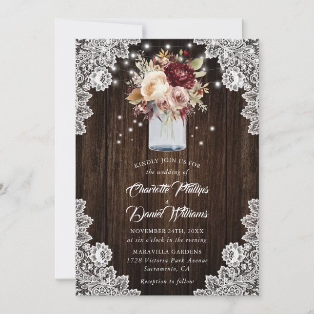Rustic Burgundy Beige Floral Mason Jar Wedding Invitation (Front)