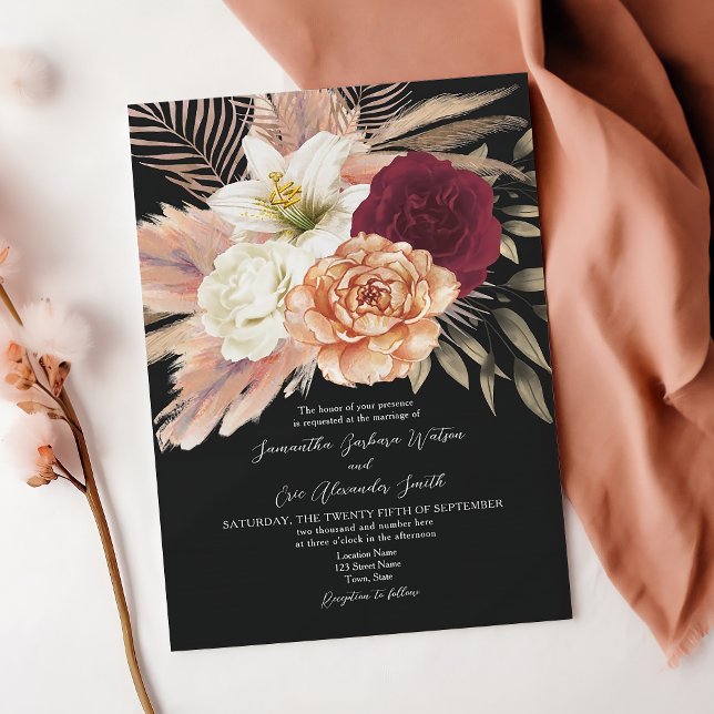 Rustic Burgundy Black Floral Wedding Invitation (Creator Uploaded)