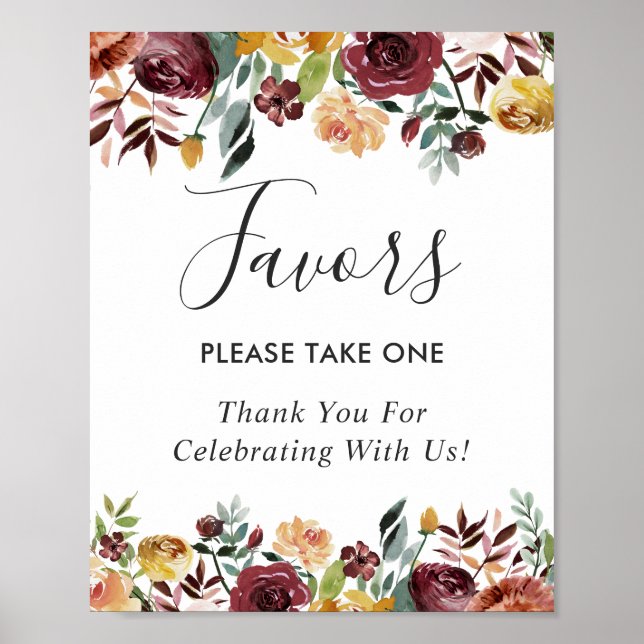 Rustic Burgundy Bloom Floral Wedding Favours Sign (Front)