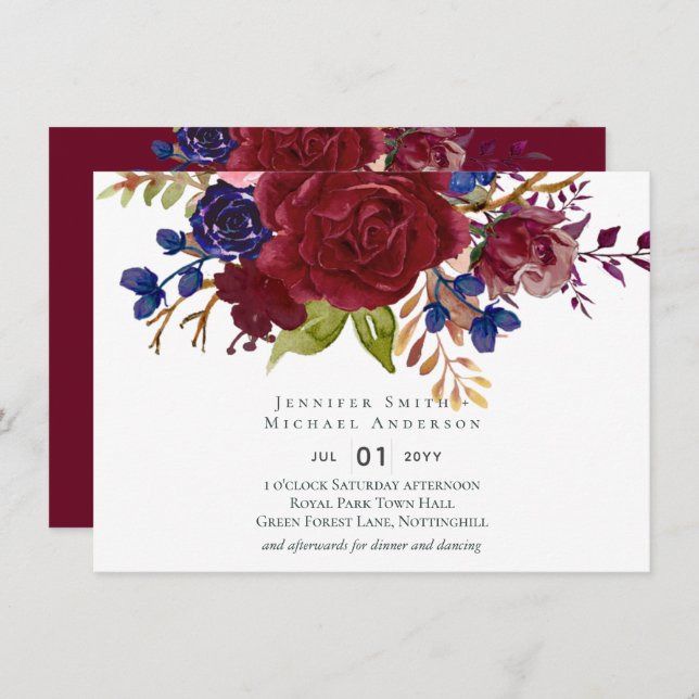 Rustic Burgundy Blue Floral Budget Wedding Invites (Front/Back)