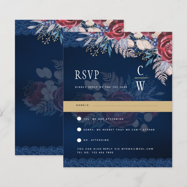Rustic Burgundy Blue Floral Lace Wedding RSVP (Front/Back)