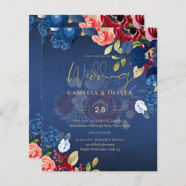 Rustic Burgundy Blue Floral Wedding (Front/Back)