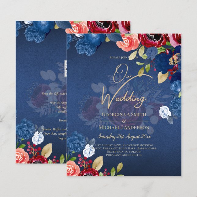 Rustic Burgundy Blue Floral Wedding (Front/Back)
