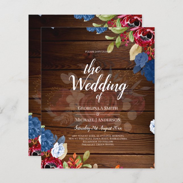 Rustic Burgundy Blue Floral Wedding (Front/Back)