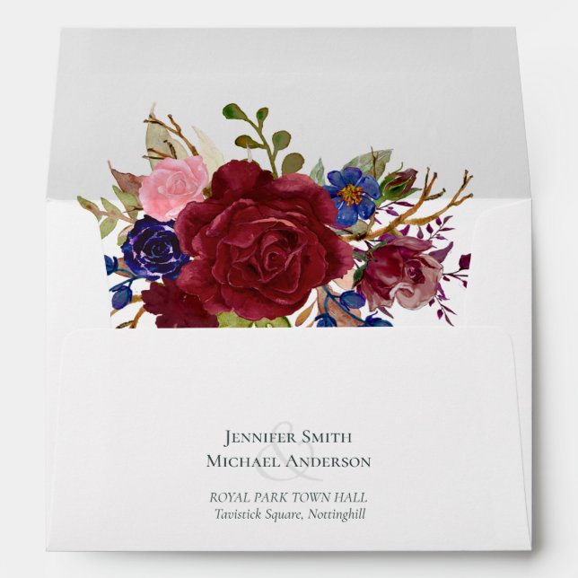 Rustic Burgundy Blue Floral Wedding Envelope (Back (Bottom))