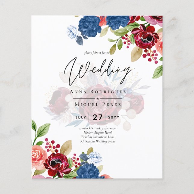 Rustic Burgundy Blue Floral Wedding Flyer (Front)