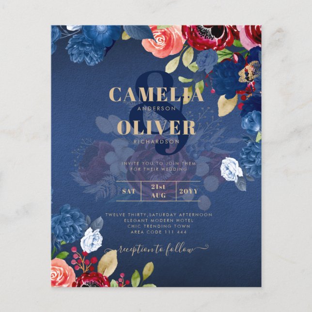 Rustic Burgundy Blue Floral Wedding Flyer (Front)