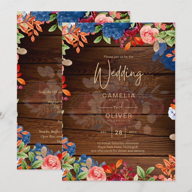 Rustic Burgundy Blue Floral Wedding Invitation (Front/Back)