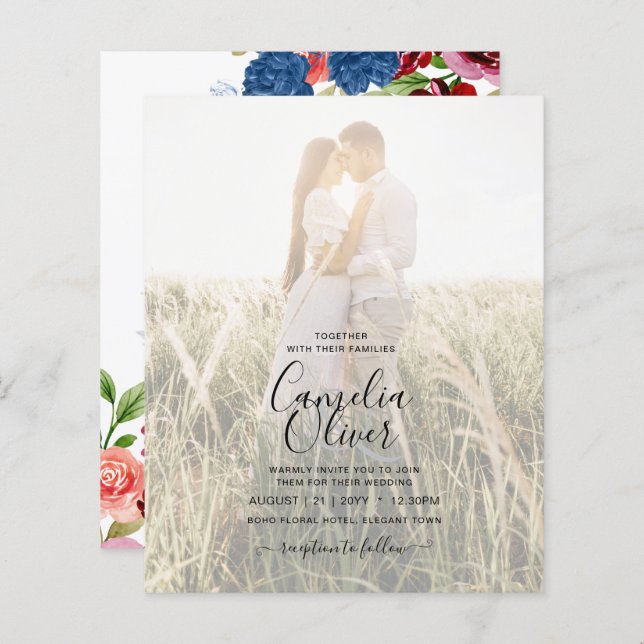 Rustic Burgundy Blue Floral Wedding PHOTO INVITE (Front/Back)