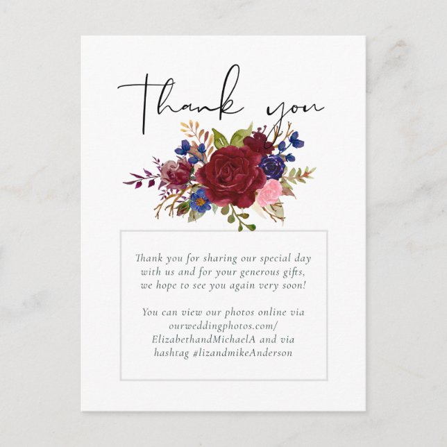 Rustic Burgundy Blue Floral Wedding Postcard (Front)