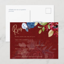 Rustic Burgundy Blue Floral Wedding RSVP
