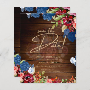 Rustic Burgundy Blue Floral Wedding SAVE THE DATE