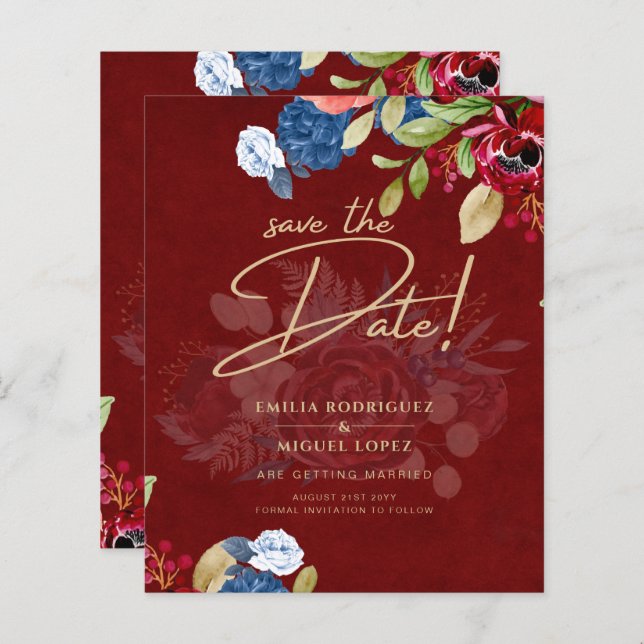 Rustic Burgundy Blue Floral Wedding SAVE THE DATE (Front/Back)