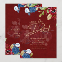 Rustic Burgundy Blue Floral Wedding SAVE THE DATE