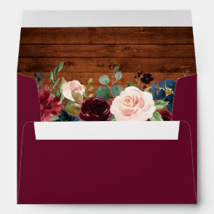 Rustic Burgundy Blue Floral Wood Invitation Envelope