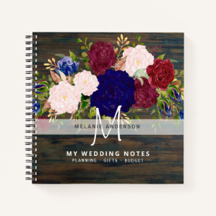 Rustic Burgundy Blue Pink Floral Wedding Planning Notebook