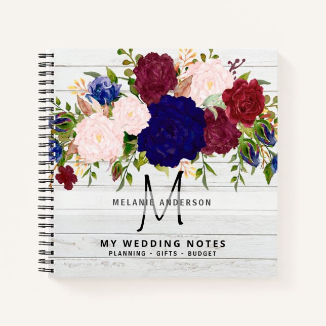 Rustic Burgundy Blue Pink Floral Wedding Planning Notebook (Front)