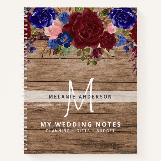 Rustic Burgundy Blue Pink Flowers Wedding Planning Notebook (Front)