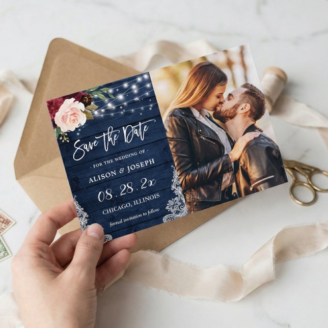 Rustic Burgundy Blue String Lights Wedding Photo Save The Date (Creator Uploaded)