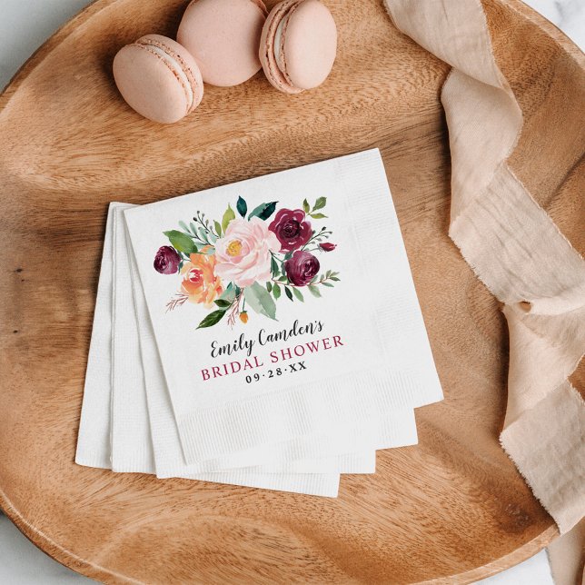 Rustic Burgundy Blush Fall Floral Bridal Shower Napkin (Creator Uploaded)