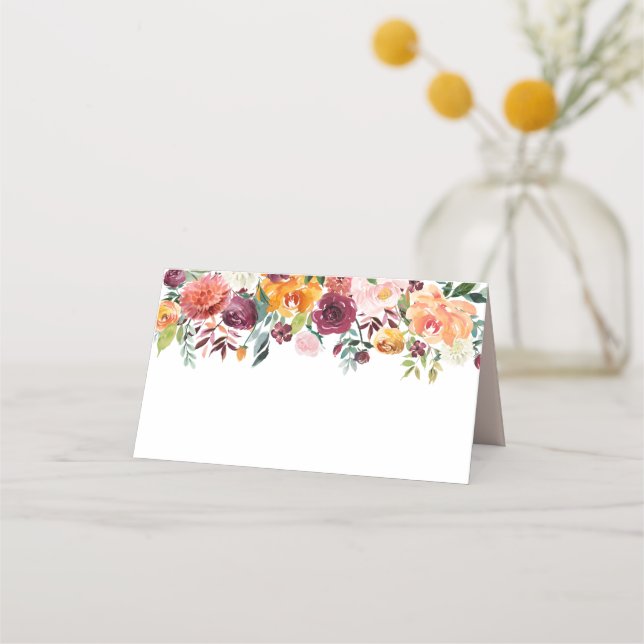 Rustic Burgundy Blush Fall Floral Wedding Monogram Place Card (Front)