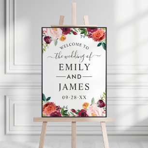 Rustic Burgundy Blush Fall Floral Wedding Welcome Poster