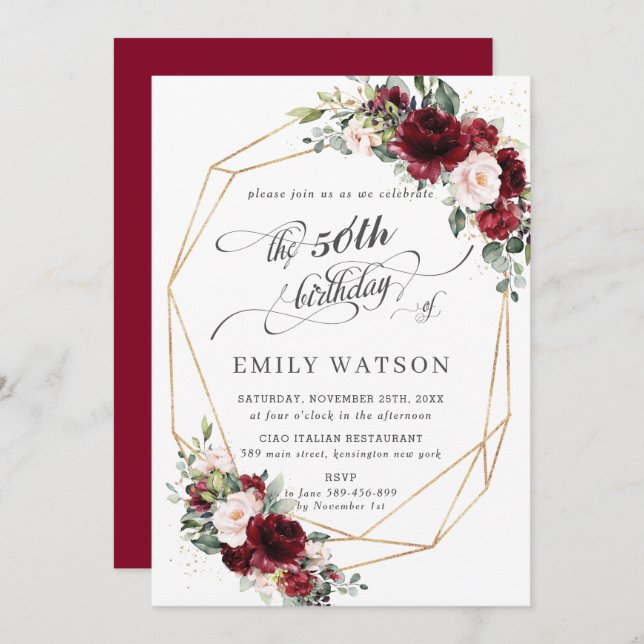 Rustic Burgundy Blush Floral Birthday Geometric Invitation (Front/Back)