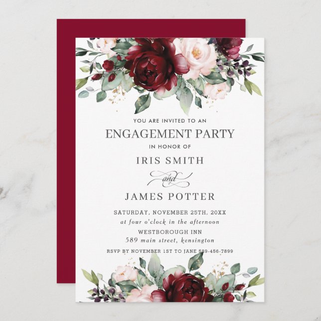 Rustic Burgundy Blush Floral Engagement Party  Invitation (Front/Back)