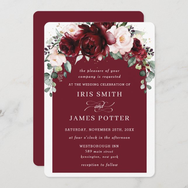 Rustic Burgundy Blush Floral Flowers Arch Wedding Invitation (Front/Back)