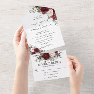 Rustic Burgundy Blush Floral Greenery Wedding All In One Invitation