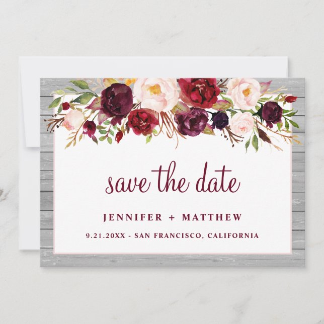 Rustic Burgundy Blush Floral Pink Border Wedding Save The Date (Front)