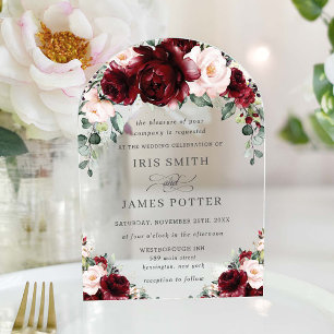Rustic Burgundy Blush Floral Roses Arch Wedding Acrylic Invitations