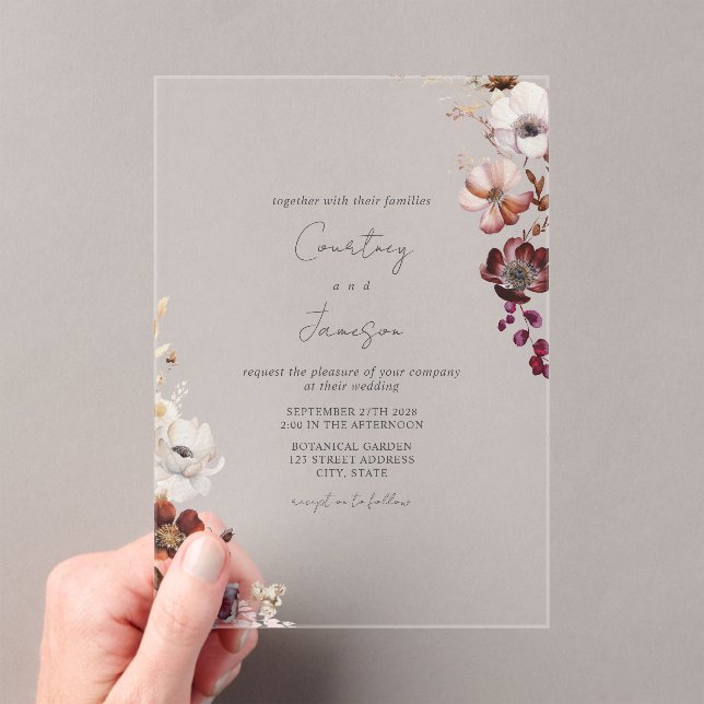 Rustic Burgundy Blush Floral Wedding Acrylic Invitations (Insitu (Handheld))