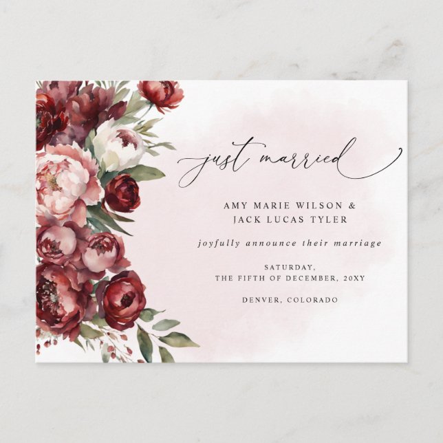 Rustic Burgundy Blush Floral Wedding Announcement Postcard (Front)