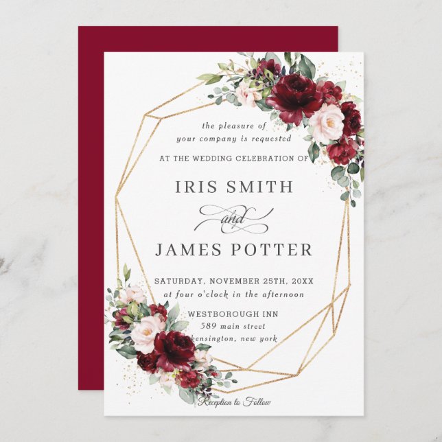 Rustic Burgundy Blush Floral Wedding Geometric Invitation (Front/Back)