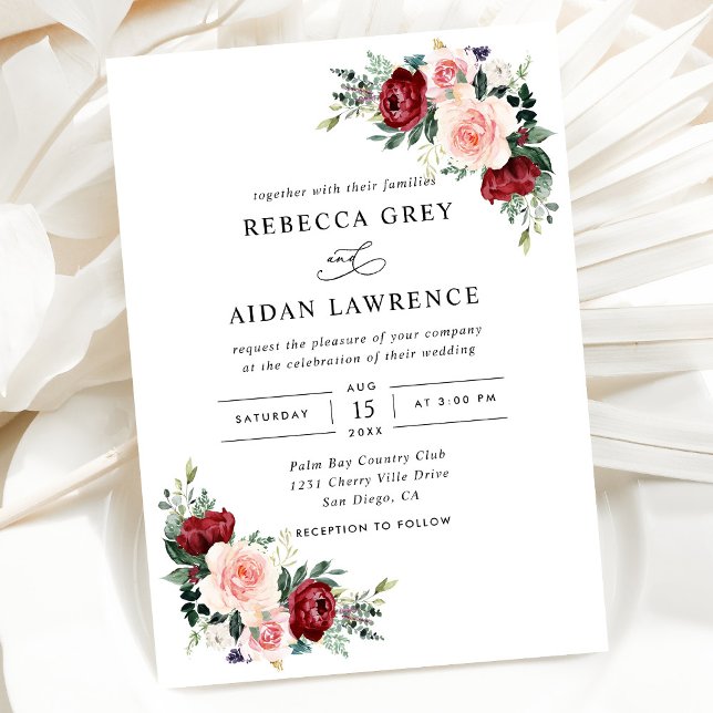Rustic Burgundy Blush Floral Wedding Invitation (Creator Uploaded)