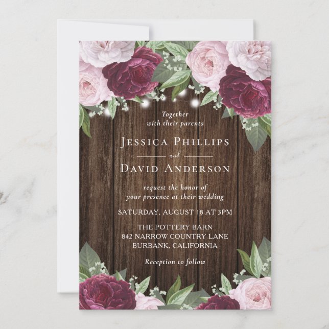 Rustic Burgundy Blush Floral Wedding Invitations (Front)
