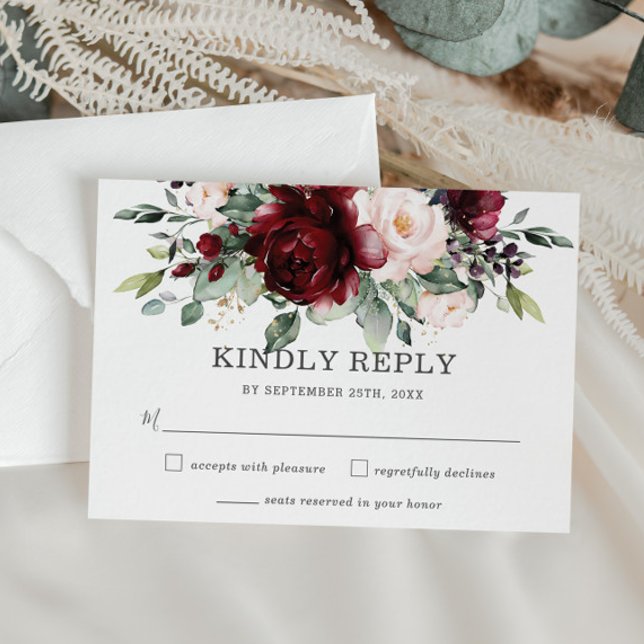 Rustic Burgundy Blush Floral Wedding RSVP Card (Creator Uploaded)