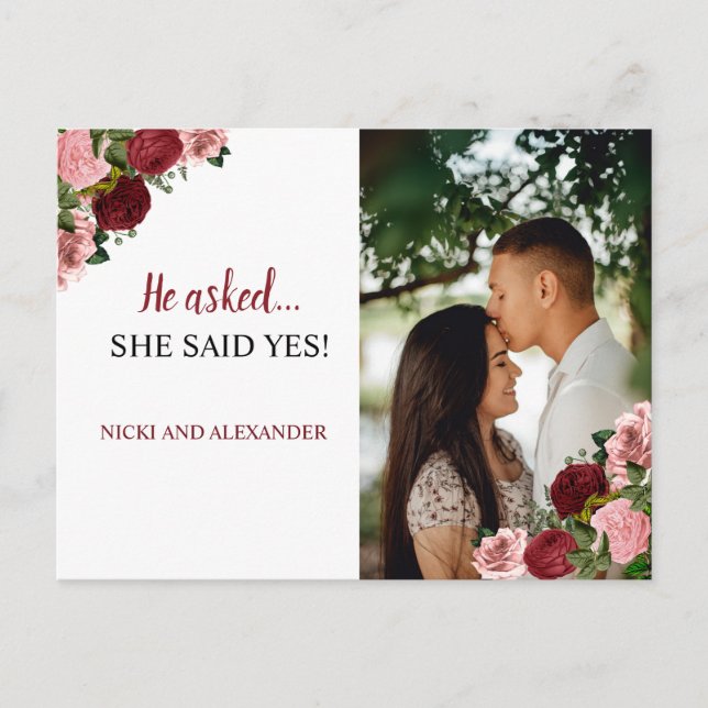 Rustic Burgundy Blush Floral Wedding Save Date Postcard (Front)