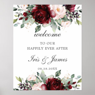 Rustic Burgundy Blush Floral Wedding Welcome Sign