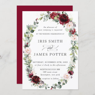 Rustic Burgundy Blush Floral Wreath Leafy Wedding Invitation