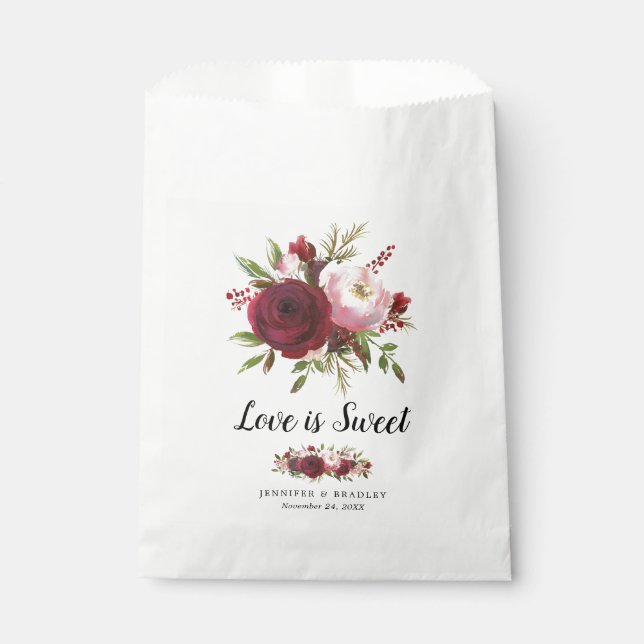 Rustic Burgundy Blush Flowers Wedding Candy Favour Bags (Front)