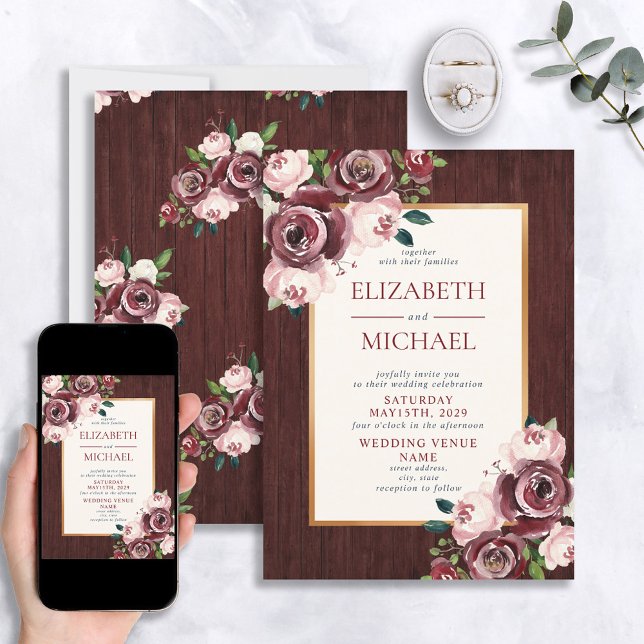 Rustic Burgundy Blush Gold Floral Wood Wedding Invitation (Creator Uploaded)