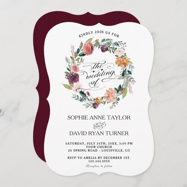 Rustic Burgundy Blush Ivory Floral Wreath Wedding Invitation (Front/Back)