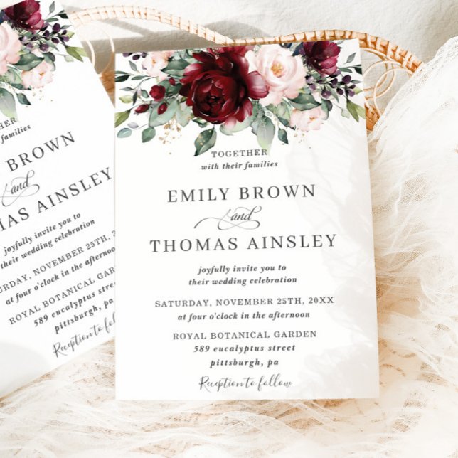 Rustic Burgundy Blush Pink Floral Greenery Wedding Invitation (Creator Uploaded)
