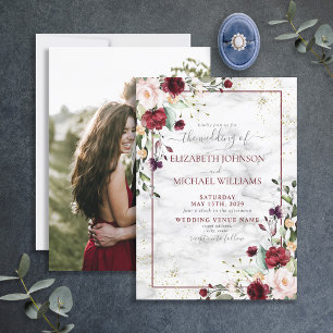 Rustic Burgundy Blush Pink Floral Photo Wedding Invitation
