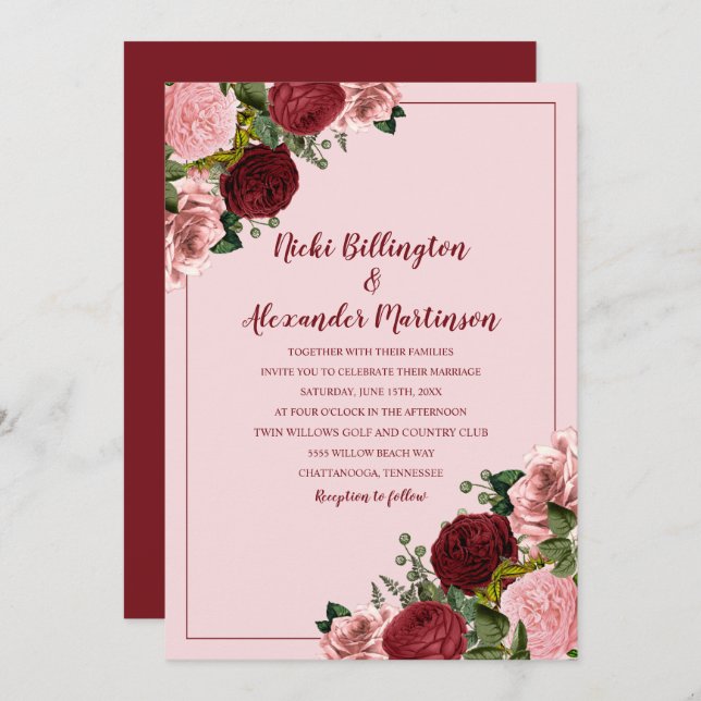 Rustic Burgundy Blush Pink Floral Wedding Invitation (Front/Back)