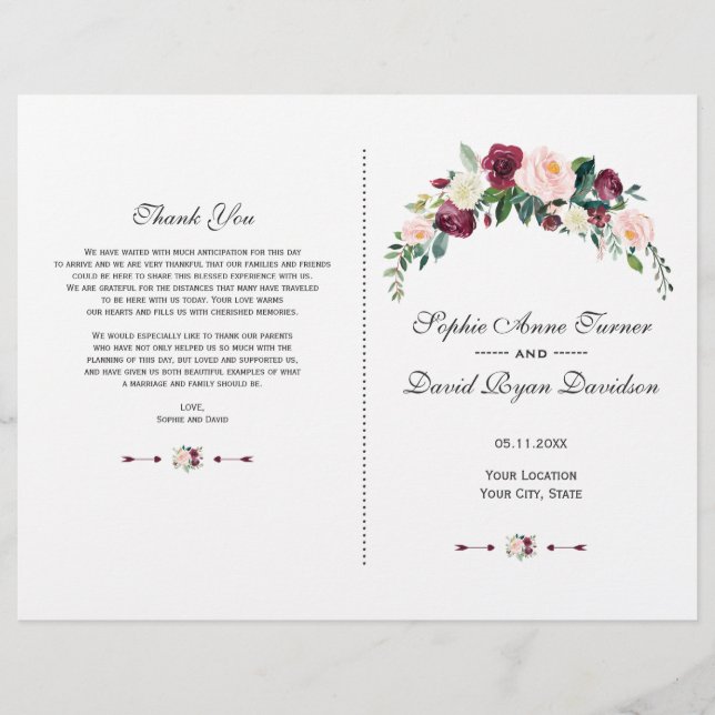 Rustic Burgundy Blush Pink Floral Wedding Program Flyer (Front)