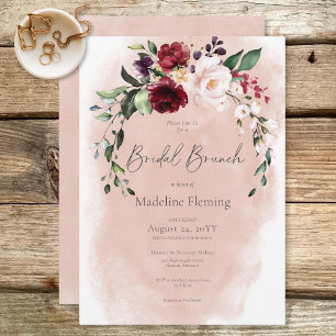 Rustic Burgundy & Blush Pink Roses Bridal Brunch Invitation